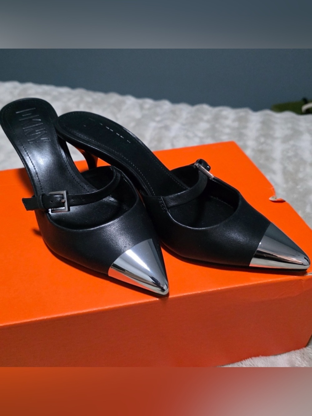 DKNY Kynlee Black Leather Mule with Silver metal Pointed Cap toe